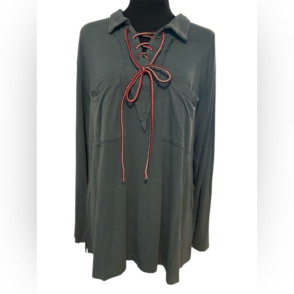 POL blue gray top Blouse with Tie